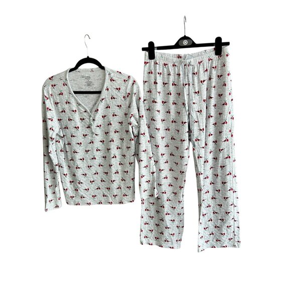 Croft & Barrow Gray Red Cardinal Bird Pajamas Set Size Small Cozy Loungewear - Picture 2 of 8